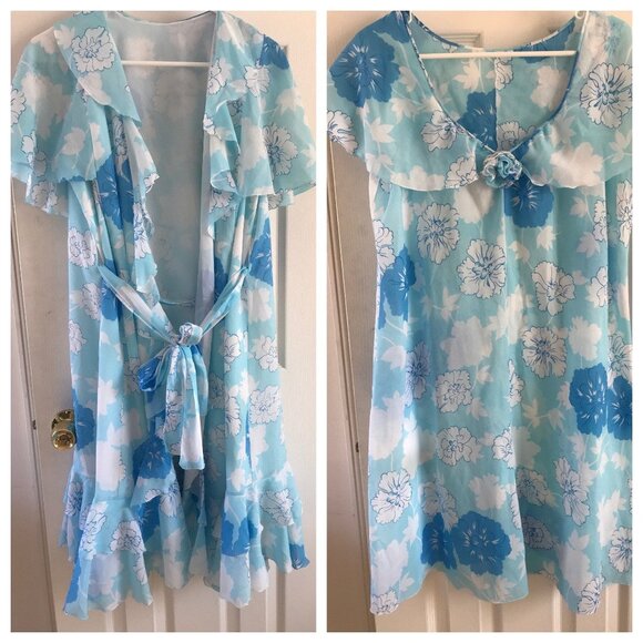 Vtg Negligée 1970's "LALA" Saks Fifth Avenue Blue Floral Lingerie 3 Piece - Picture 1 of 10